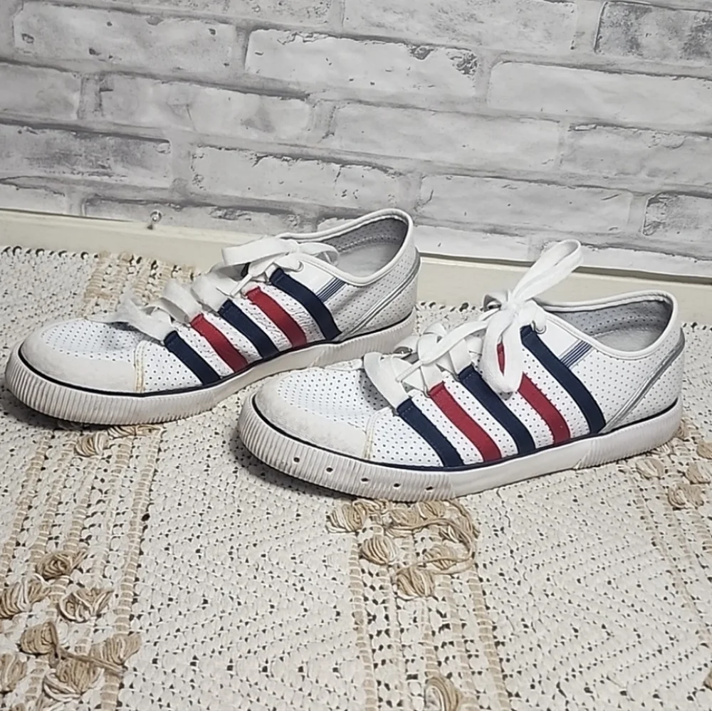 K Swiss Classic Red Blue Stripe White Sneakers Tennis Shoes - Picture 12 of 13